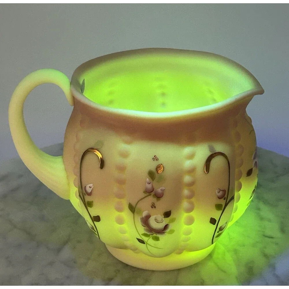 Vintage Fenton Uranium Glass Pitcher Burmese Hand Blown Beaded Melon Signed Vase